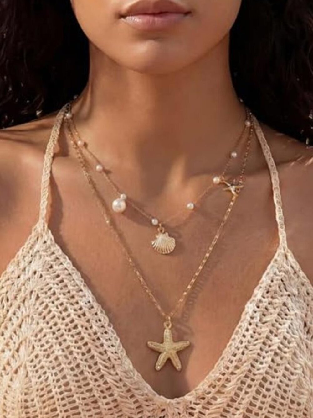 Beach Gold Layered Seashell Starfish Necklace